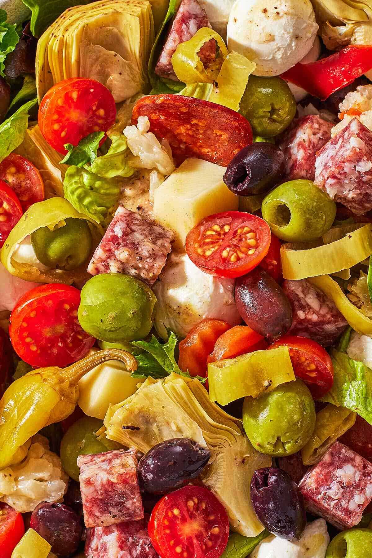 a close up of antipasto salad.