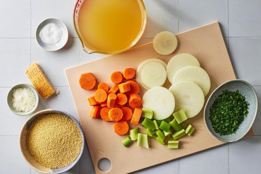 Ingredients for pastina soup including chicken broth, yellow onion, carrots, celery, parmesan rind, salt, pastina, parsely and grated parmesan cheese.