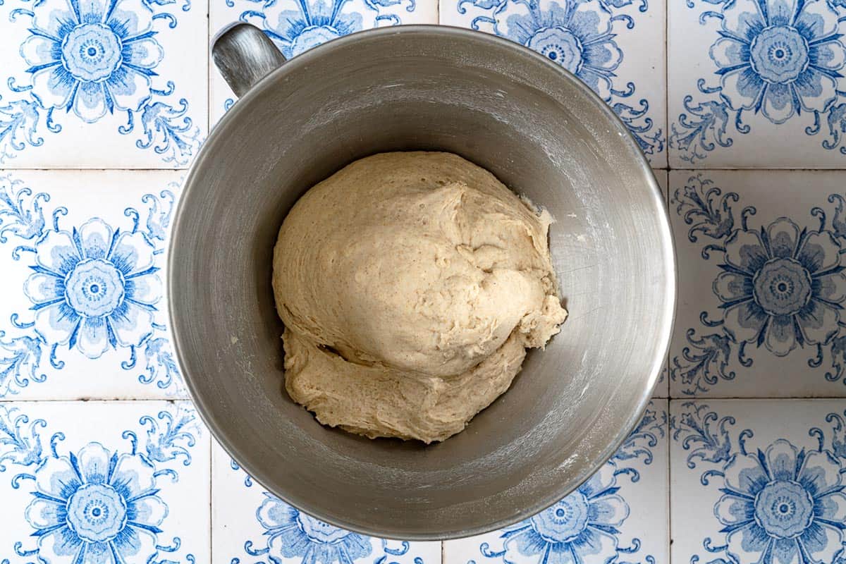 taboon flatbread down in the bowl of a stand mixer.