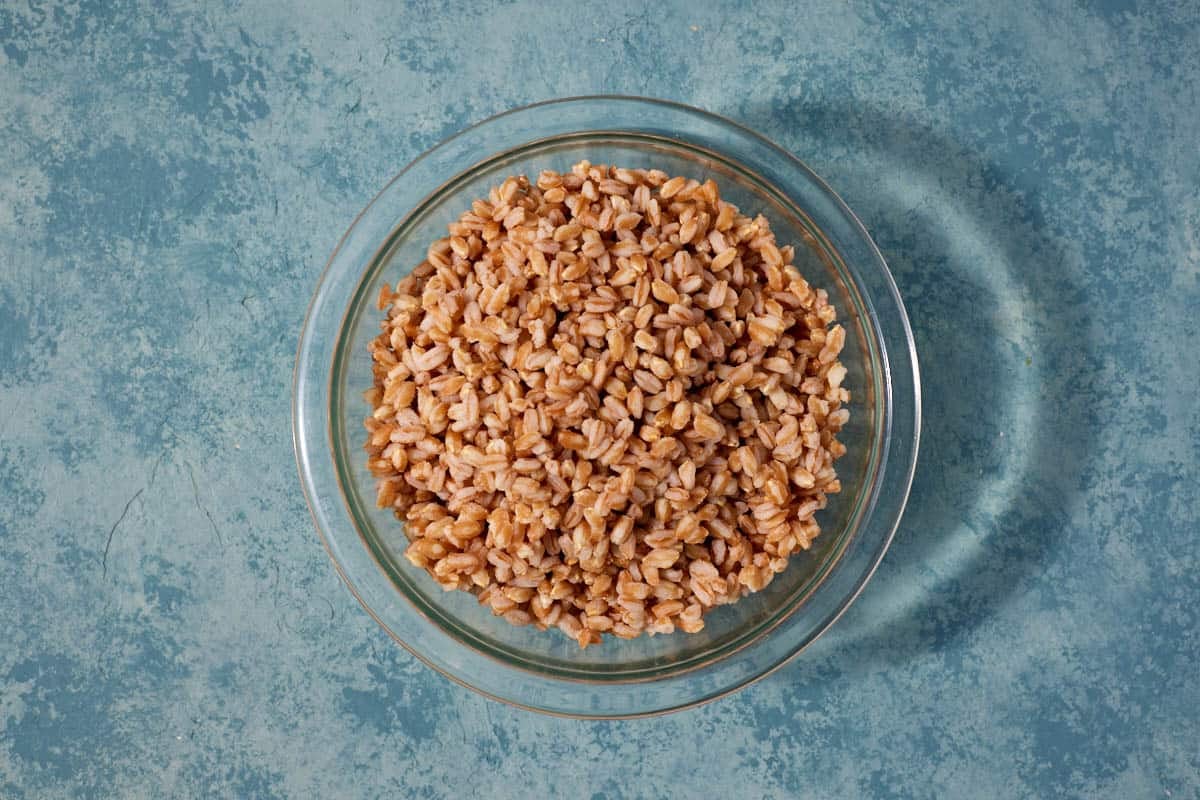 cooked farro in a bowl.