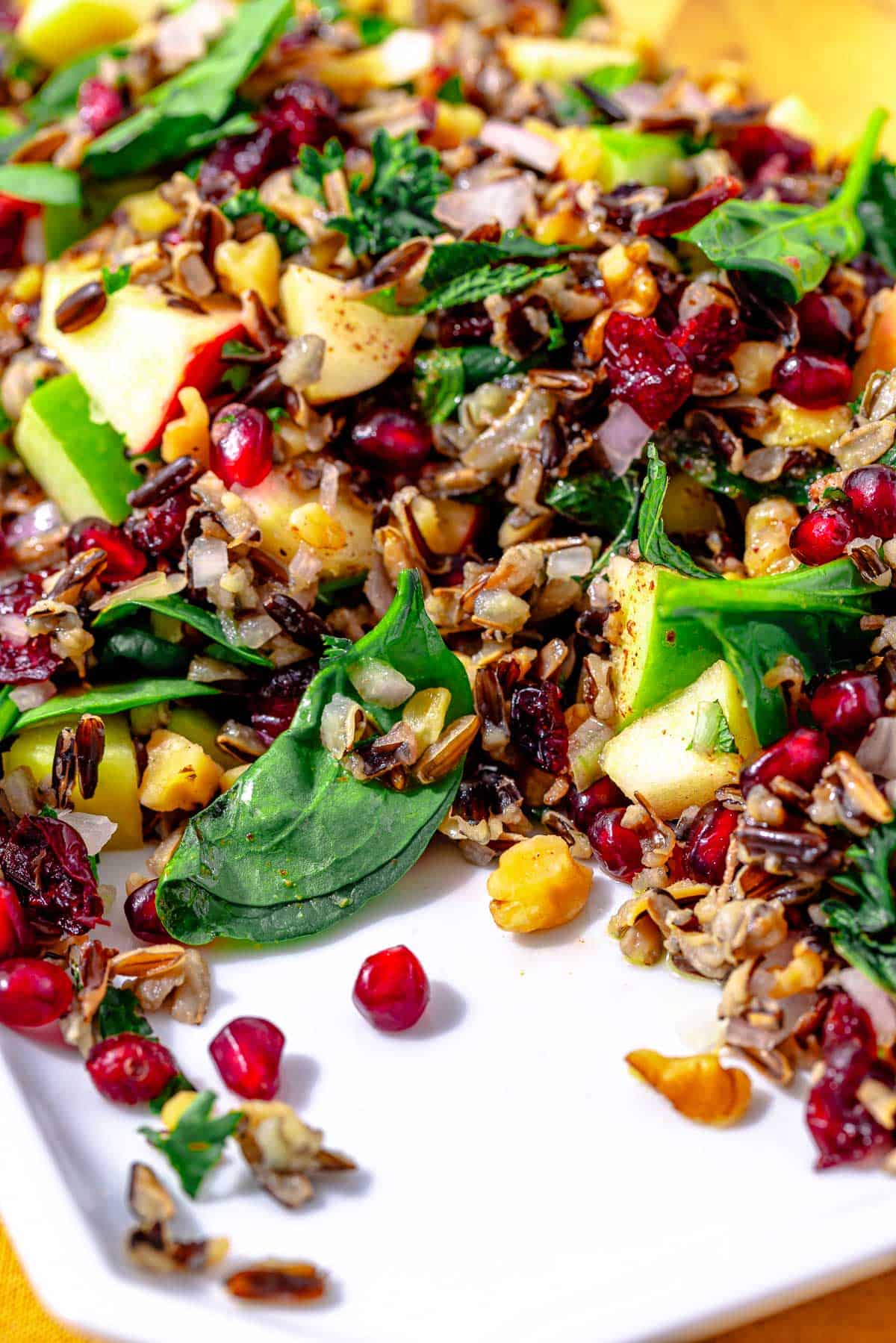 close up of a serving platter with wild rice salad with a serving removed.