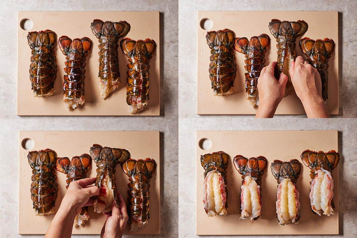 4 side by side photos showing the steps to halve and butterfly the lobster tails.