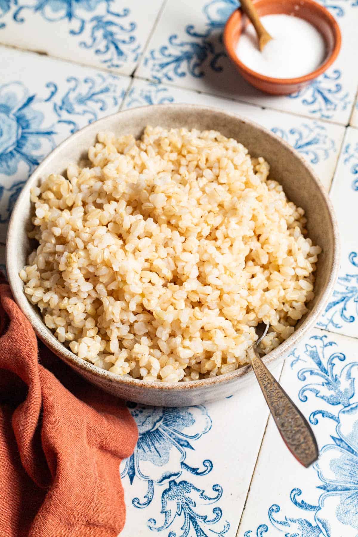 Brown rice in a bowl with a spoon next to a small bowl of salt with a spoon and a cloth napkin.