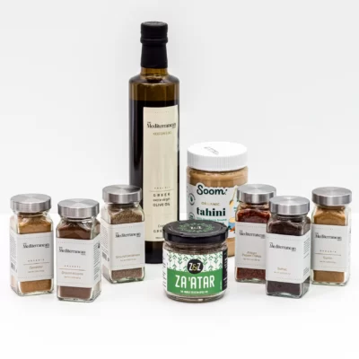 Image of the Mediterranean Diet starter kit, including olive oil, spices, and tahini.