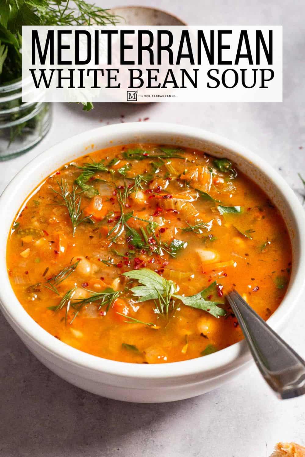 pin image 1 for Mediterranean white bean soup.