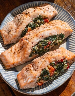 Stuffed salmon with spinach web story poster image.