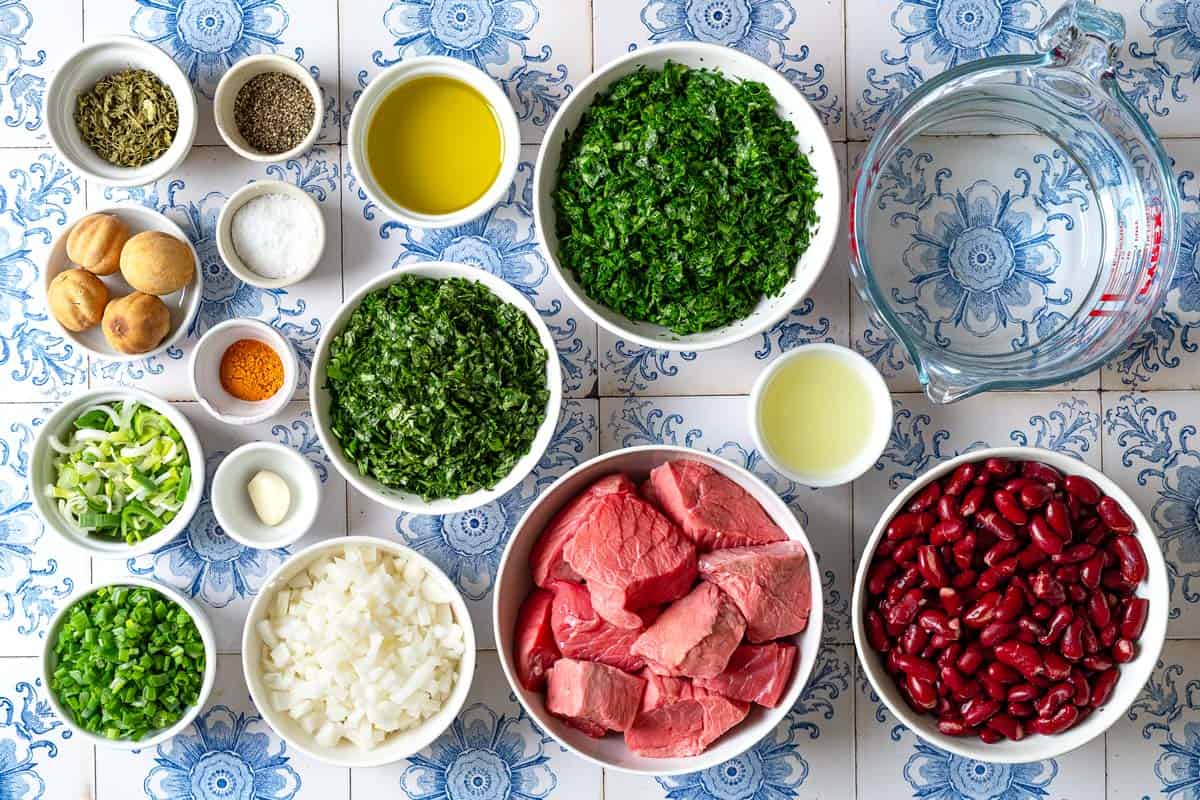Ingredients for ghormeh sabzi including stew beef, olive oil, onion, garlic, turmeric, a leek, parsley, cilantro, dried fenugreek, scallions, red kidney beans, limes, salt and pepper.