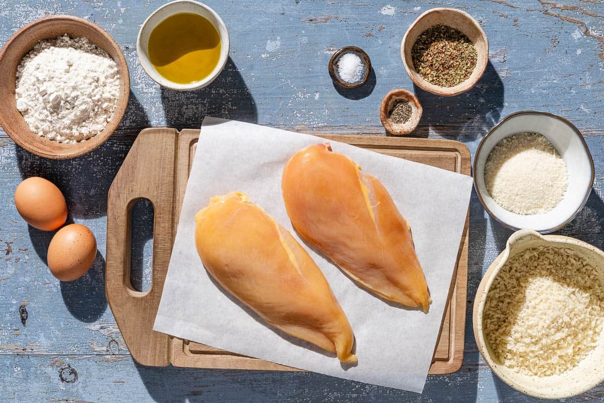 Ingredients for chicken cutlets included chicken breasts, salt, pepper, flour, eggs, breadcrumbs, grated parmesan cheese, Italian seasoning, and olive oil.