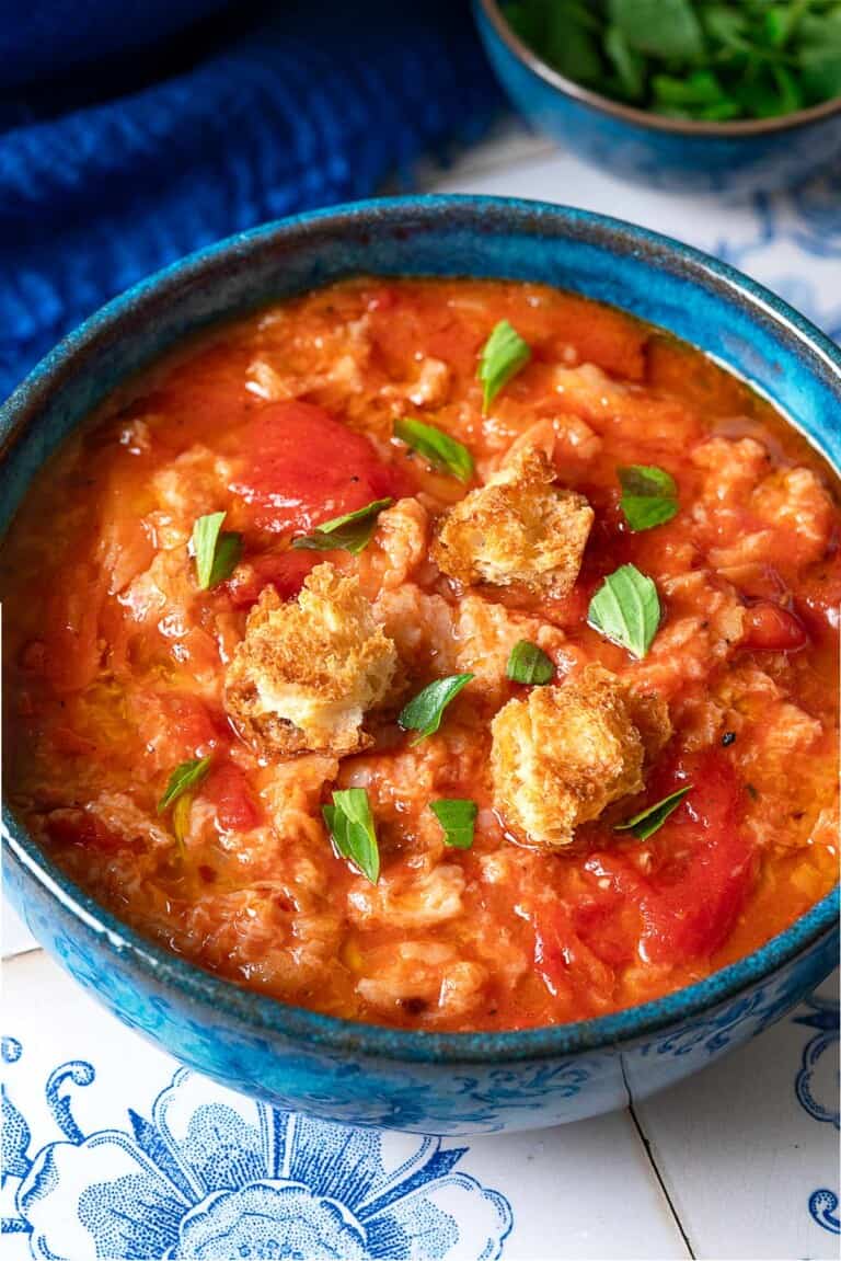 A close up of one bowl of pappa al pomodoro garnished with pieces of ciabatta bread and basil.