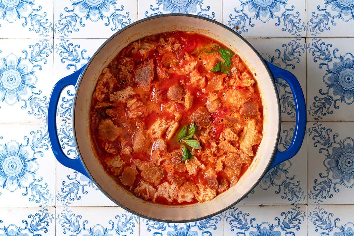 An overhead photo of pappa al pomodoro in a large pot.