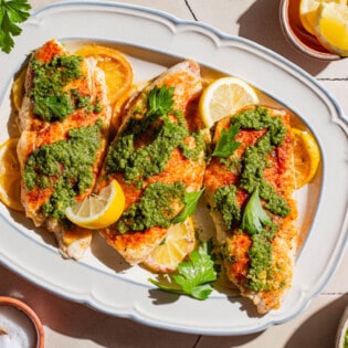 An overhead photo of 3 baked red snapper fillets topped with zhoug and parsley laying on lemon rounds on a serving platter. Surrounding this is a bunch of parsley, a cloth napkin, and bowls of salt, pepper, zhoug and lemon slices.