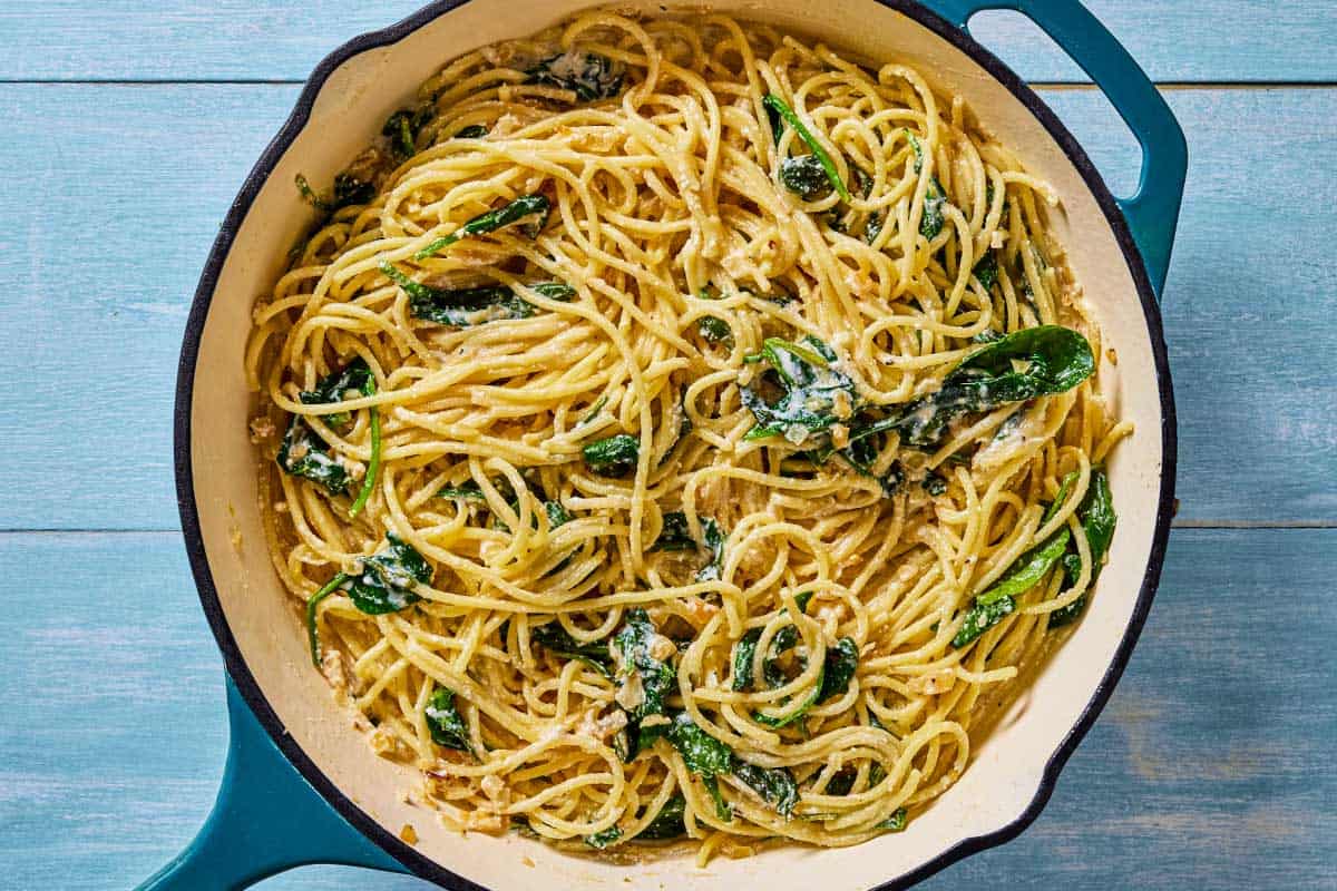 An overhead photo of the lemon chicken pasta in a skillet.