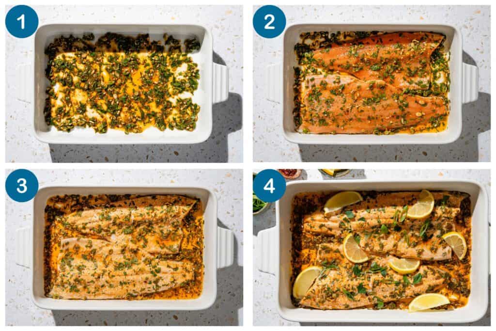 Baked trout recipe in four easy steps. 1. Seasonings for trout on the bottom of a white dish. 2. Trout fillet seasoned with Mediterranean flavors such as olive oil, lemon, cumin and fresh herbs. 3. Trout cooked in a white dish. 4. Trout cooked in white form, garnished with lemon. 
