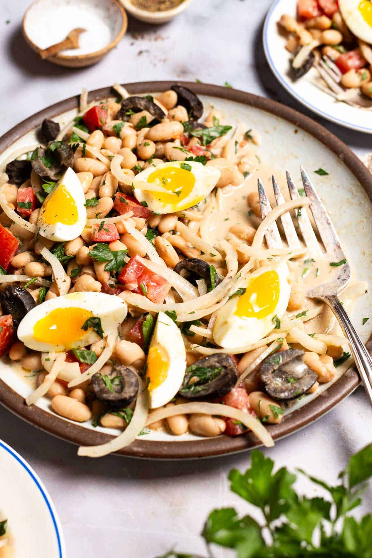 The cannellini bean salad on a serving platter with a fork. Next to this is a plate with a serving of the salad, some parsley, and small bowls of salt and pepper.