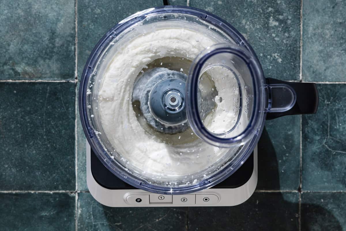 Whipped feta in a food processor.