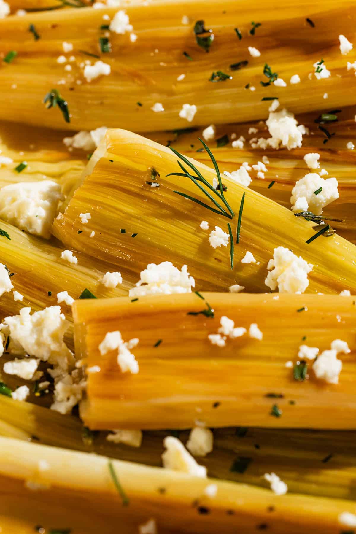 A close up photo of braised leeks garnished with dill and crumbled feta.