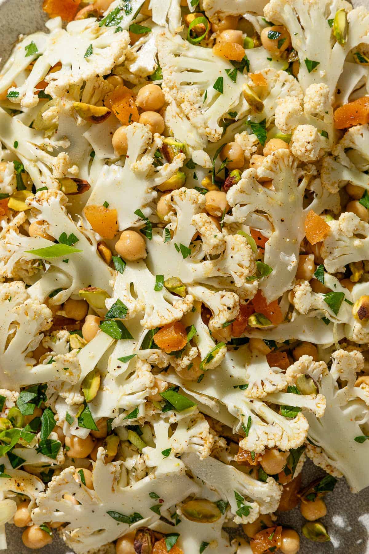 An overhead photo of a shaved cauliflower salad.