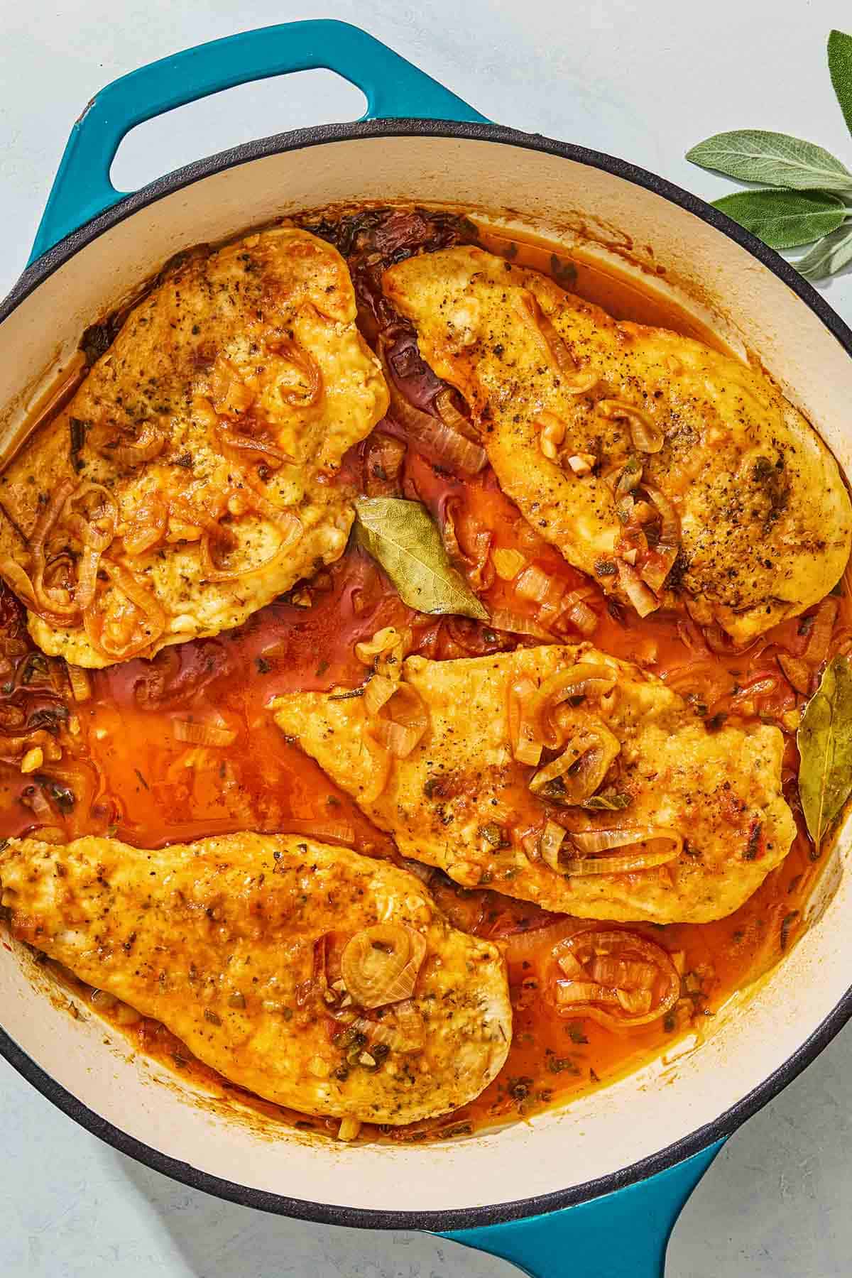 An overhead photo of braised chicken breasts in a skillet.