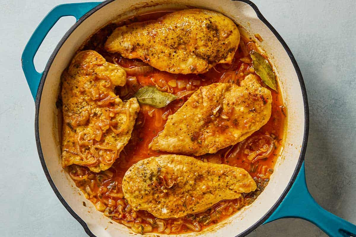 An overhead photo of braised chicken breasts in a skillet.