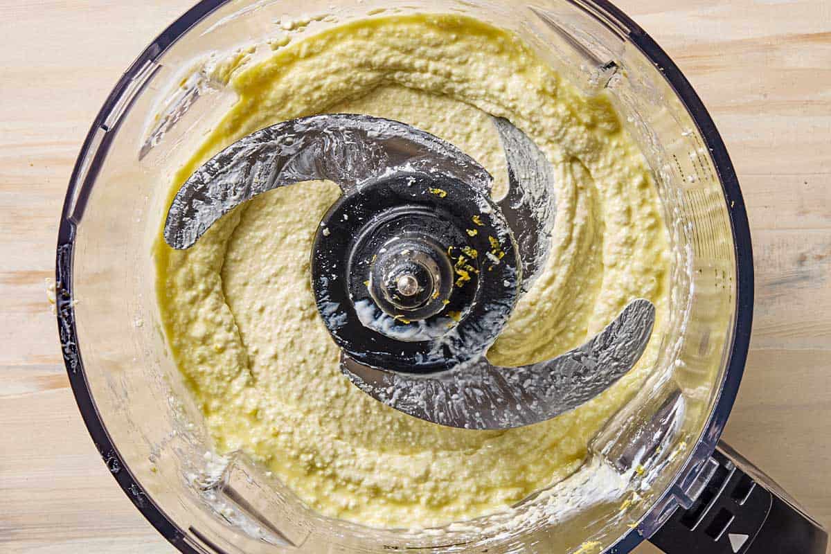 Whipped feta spread in a food processor.