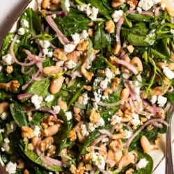 An overhead photo of the wilted spinach salad on a serving platter with a fork.