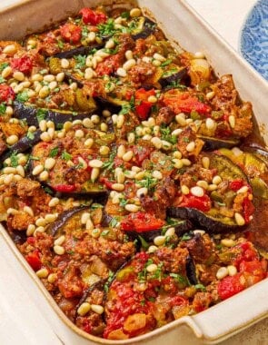 A close up of egyptian moussaka in a baking dish.