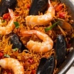A close up of Catalan fideua in a skillet.