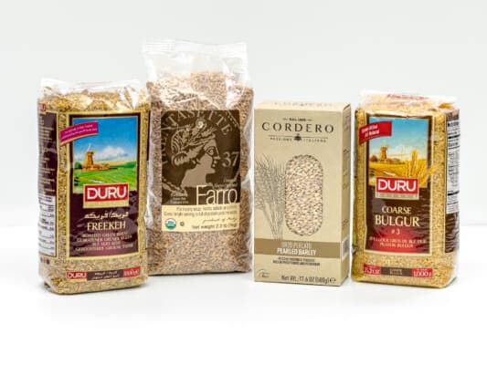 Ancient grains bundle with freekeh, farro, barley, and bulgur.