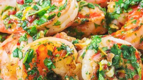 A close up of cilantro lime shrimp on a plate.
