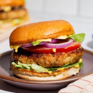 A close up of a chicken burger on plate.