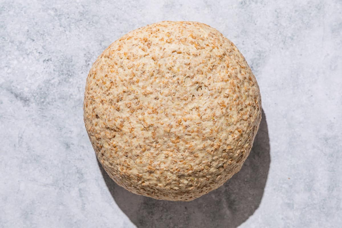 A close up of a ball of whole wheat pizza dough.