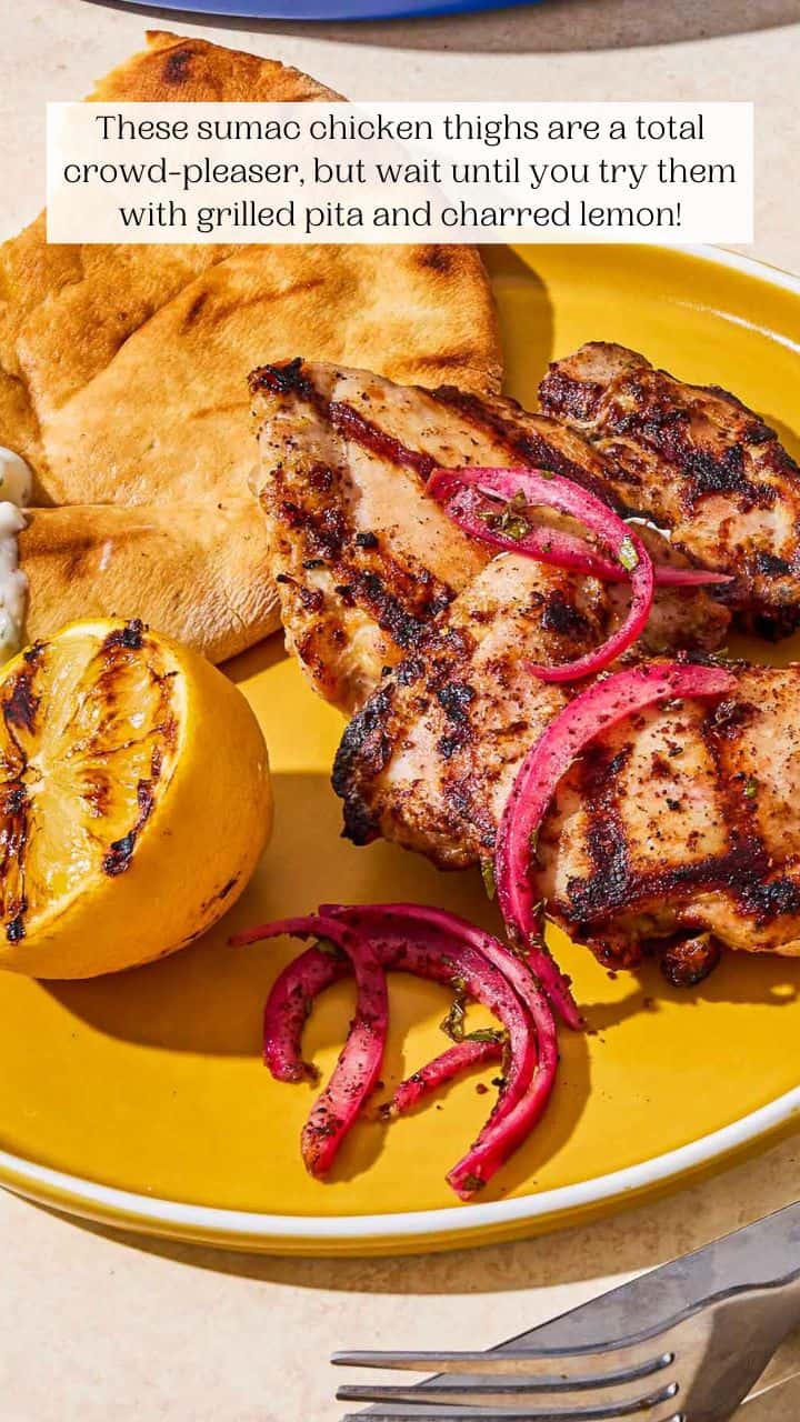 Grilled Chicken Thighs With Sumac, Pickled Onions, And Charred Lemon