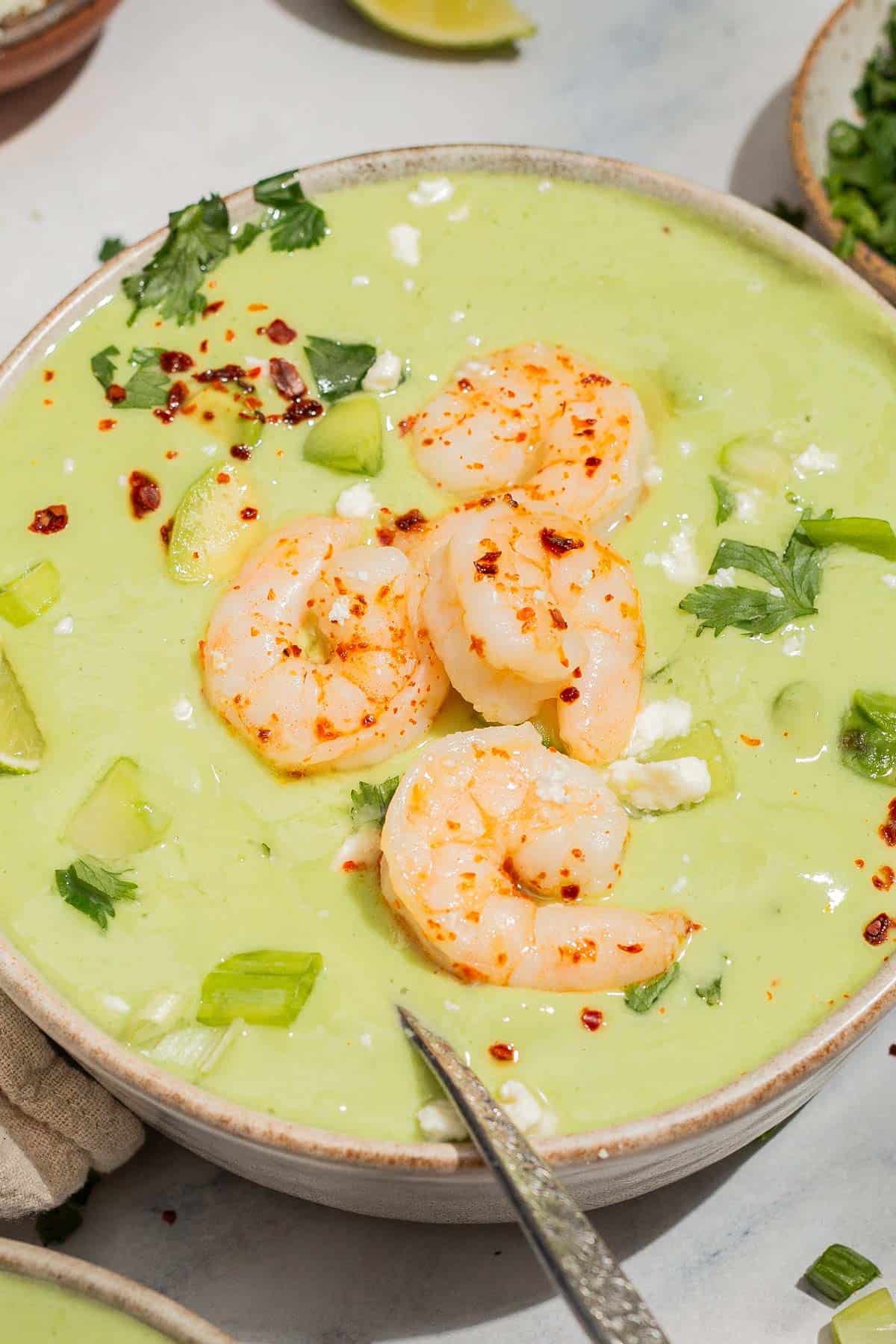 Chilled Avocado Soup with Greek Yogurt Cucumber and Shrimp