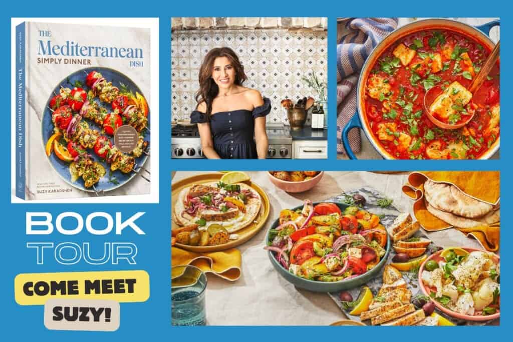 Collage of photos showcasing The Mediterranean Dish Simply Dinner Cookbook and advertising the book tour