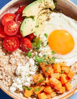 An overhead photo of a savory oatmeal bowl.