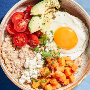 An overhead photo of a savory oatmeal bowl.