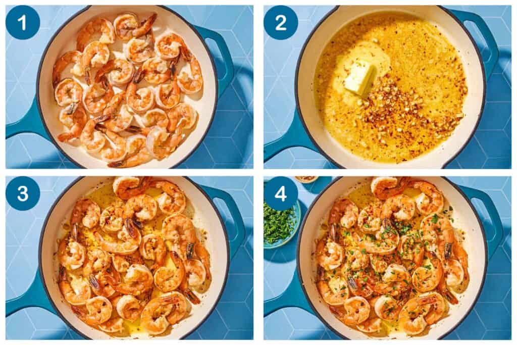 How to make shrimp scampi: Step 1: sear the marinated shrimp, Step 2: make the garlic butter sauce. Step 3: Combine the shrimp and the sauce. Step 4: Finish the shrimp, toss in the sauce and garnish with herbs, lemon zest, and red pepper flakes.