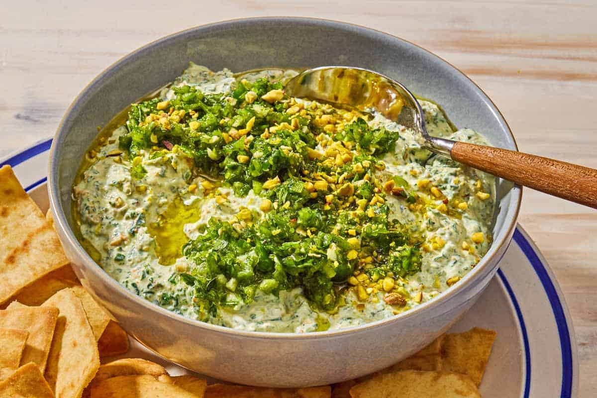 Spinach Vegetable Dip with Pistachios and Zhoug