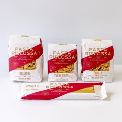 Packages of rigatoni, penne, fusilli and spaghetti from the mediterranean dish shop.