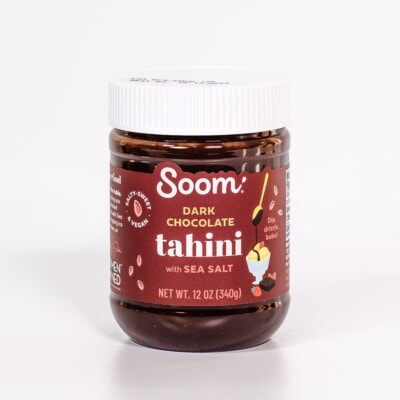 A container of soom dark chocolate tahini from the mediterranean dish shop.