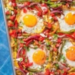 A close up of the baked sheet pan eggs.