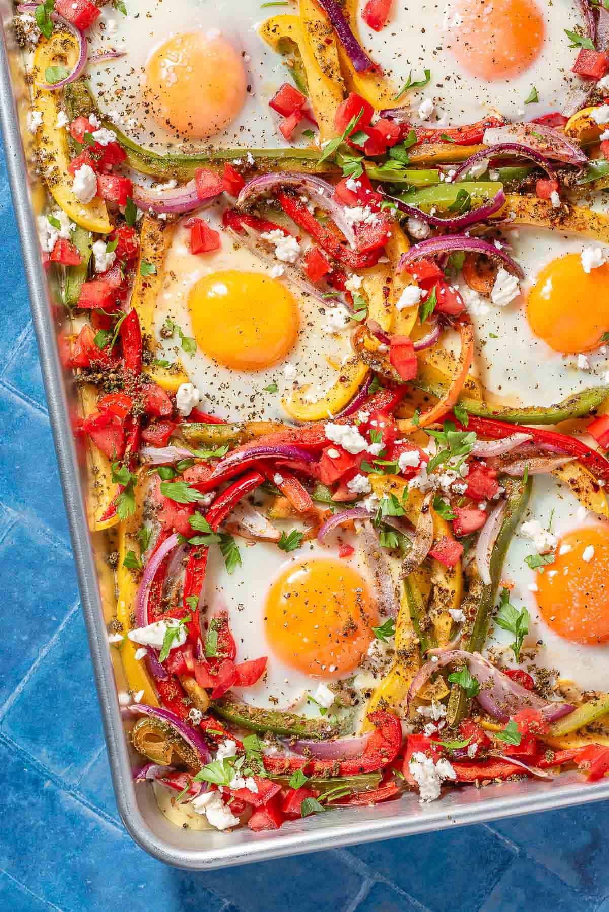 A close up of the baked sheet pan eggs.