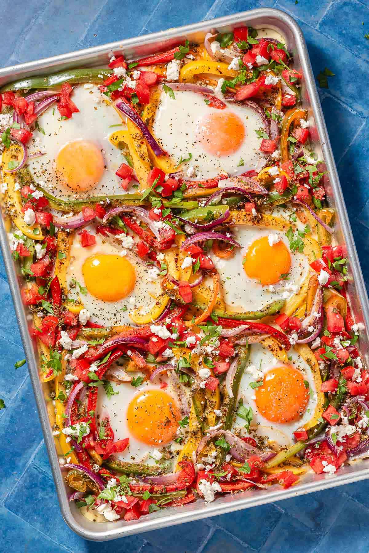 An overhead photo of the baked sheet pan eggs.