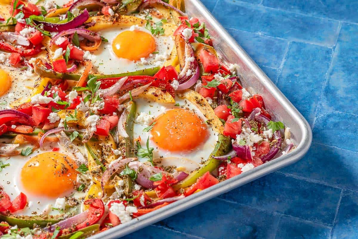 A close up of the baked sheet pan eggs.