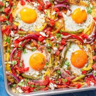 A close up of the baked sheet pan eggs.