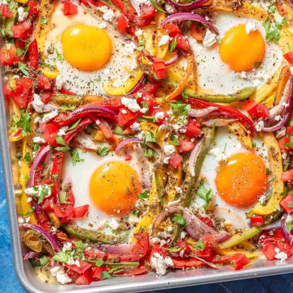 A close up of the baked sheet pan eggs.