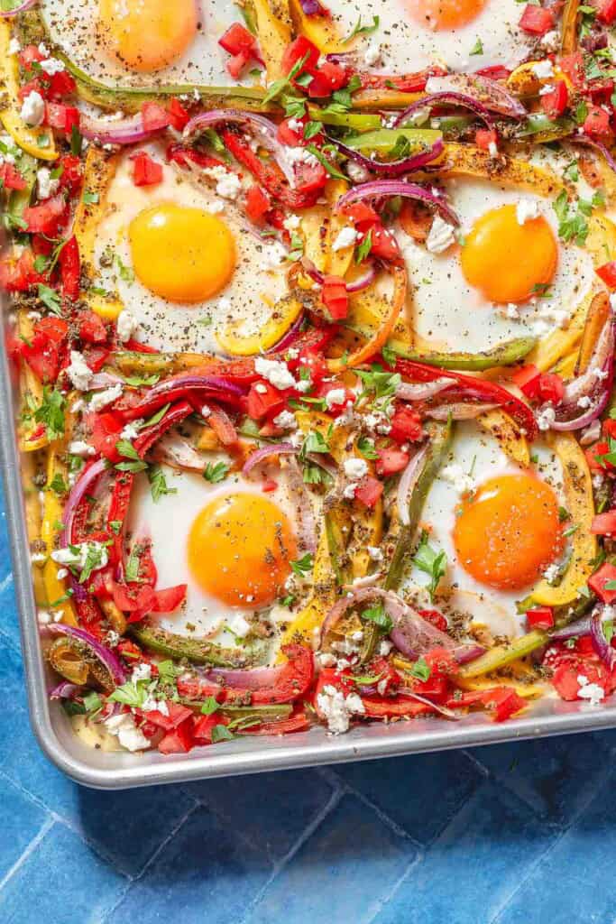 A close up of the baked sheet pan eggs.
