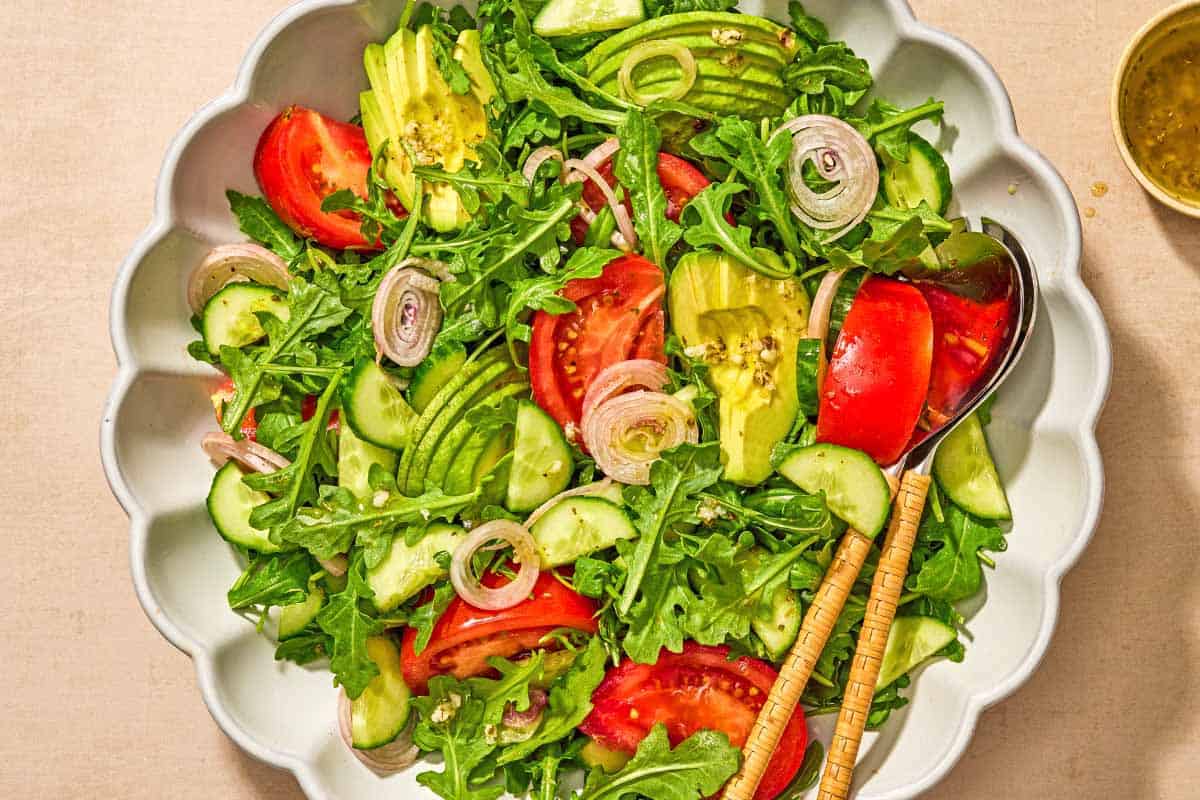 Arugula Salad with Tomato, Cucumber, and Avocado