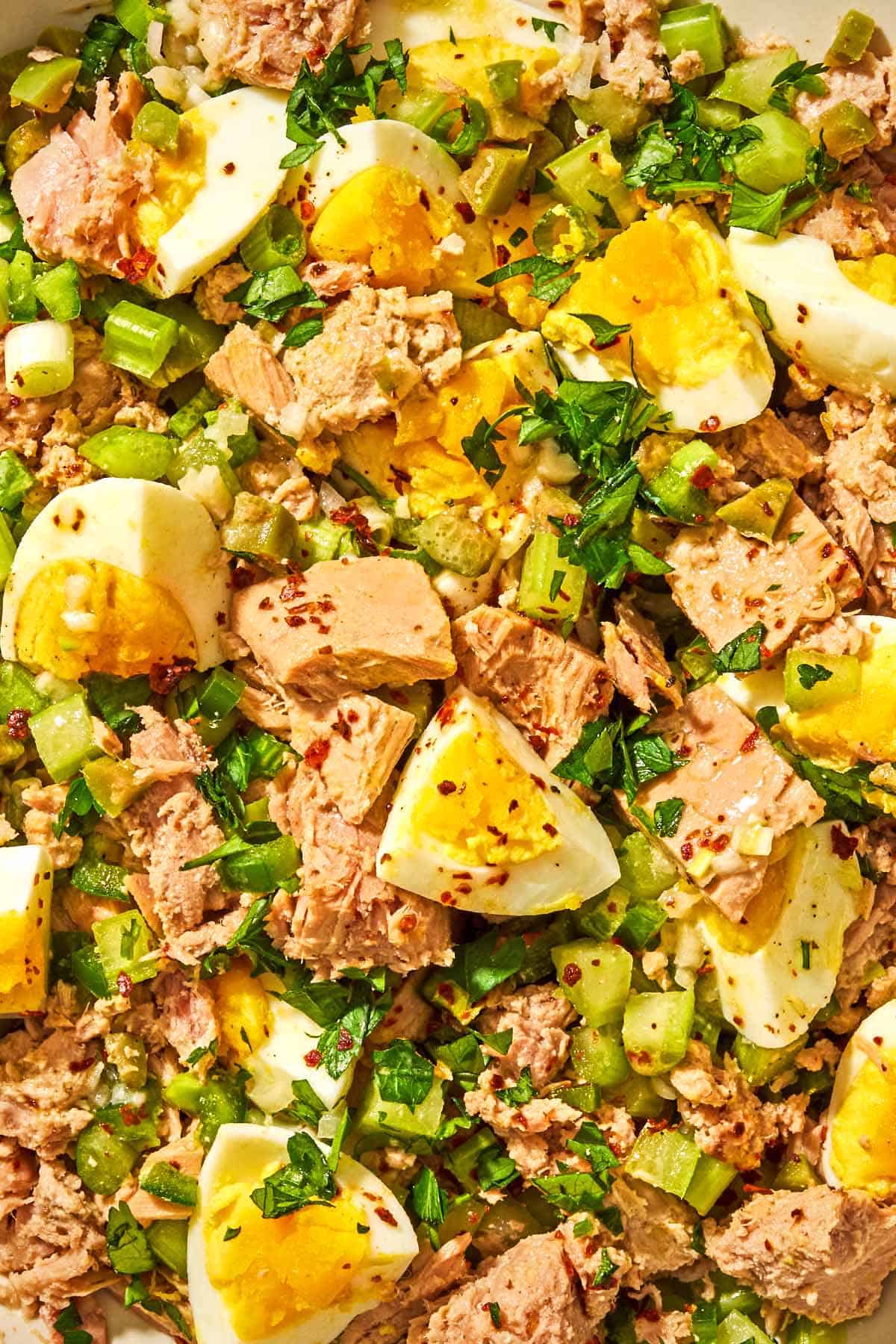 A close up of the tuna salad recipe with egg.