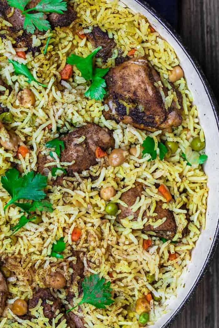 chicken and rice in a pan